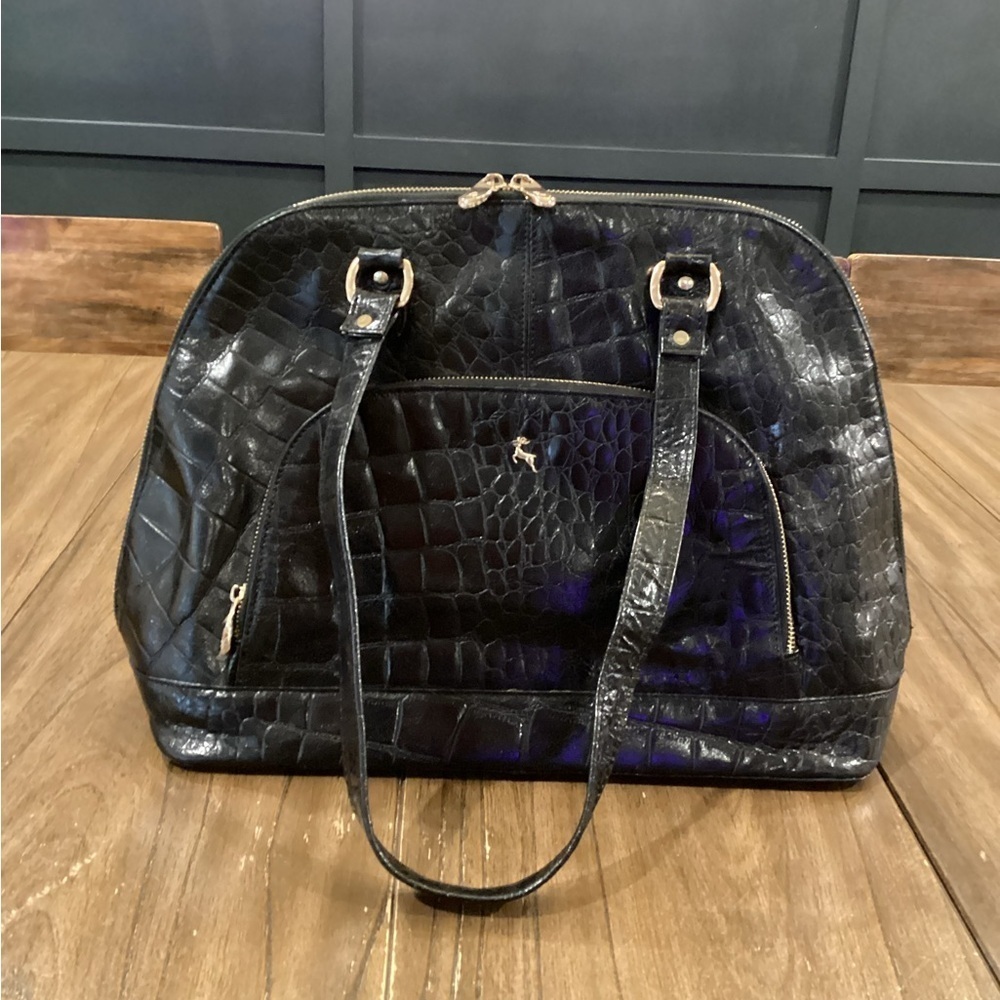 ASHWOOD crocodile print zip around 100% Leather tote handbag purse in black